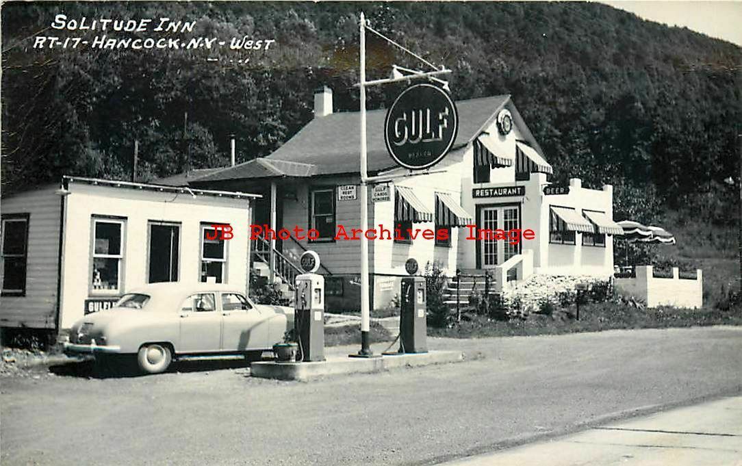 NY, Hancock, New York, RPPC, Solitude Inn, Gulf Gas Station, Route 17
