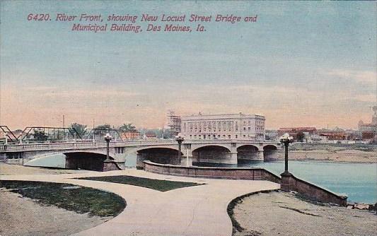 River Front Showing New Locust Street Bridge And Municipal Building Des Moine...