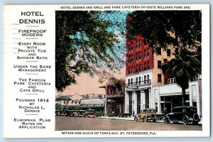 St Petersburg Florida Postcard Hotel Dennis Building Exterior Classic Cars 1935