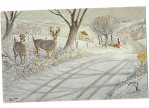 Two Deer in a Snow Scene Painting  Rural Country Side Signed Robert Scott