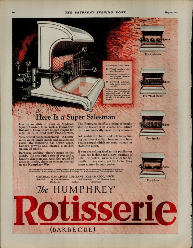 1927 Rotisserie Barbeque Humphrey Vintage Print Ad 3903