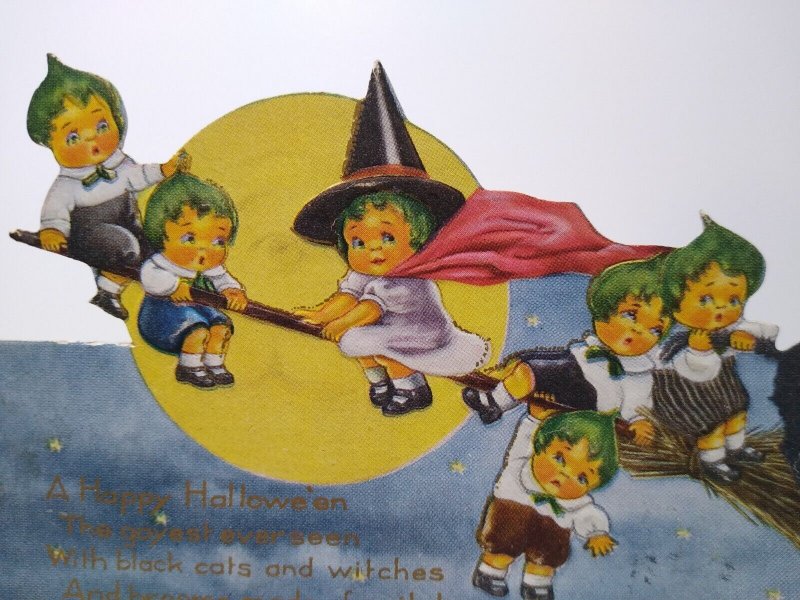 Halloween Postcard Whitney Die-cut Fantasy Green Haired Witch Children Foldout