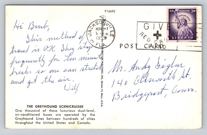 1959  The Greyhound Bus  Scenicruiser     Postcard