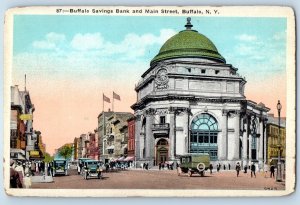 1920 Buffalo New York NY Postcard Savings Bank Main Street Building Classic Cars