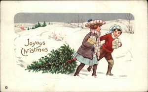 Christmas - Children Dragging the Tree Home Stecher 259B c1910 Postcard