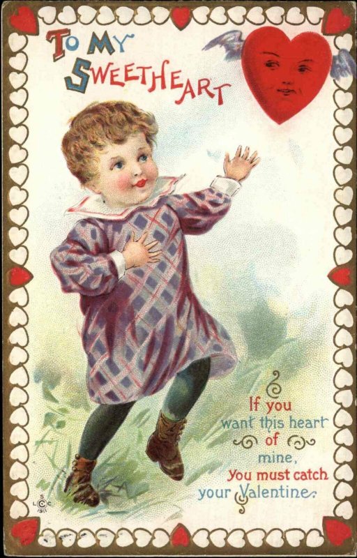 Valentine Cute Little Boy Chases Heart w/ Face Stecher 232F c1910 Postcard