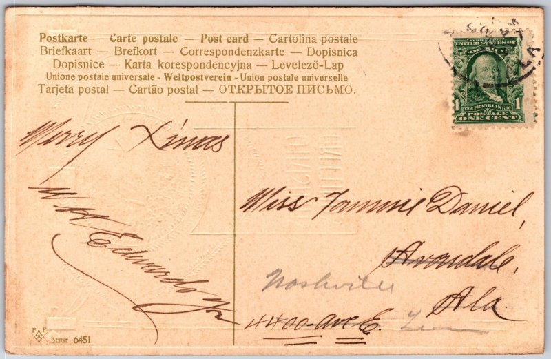 Christmas Greetings, Red-Roofed House Winding Path Pine Garland Frame, Postcard