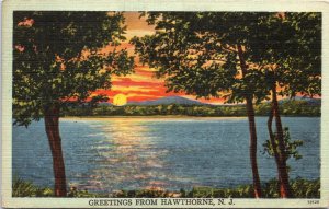 Postcard New Jersey Greetings from Hawthorne at Dusk Tichnor LINEN 1948 V204