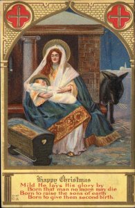 Christmas Mary with Baby Jesus Christ Donkey Manger c1910 Vintage Postcard