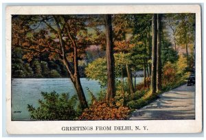 1931 Greetings From Delhi New York NY, Road Car And Trees View Vintage Postcard