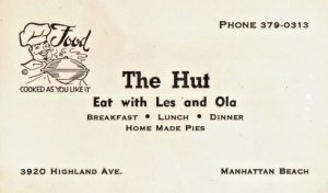 Business Card Manhattan Beach 'The Hut' Les Ole Home Made Pies Los Angeles