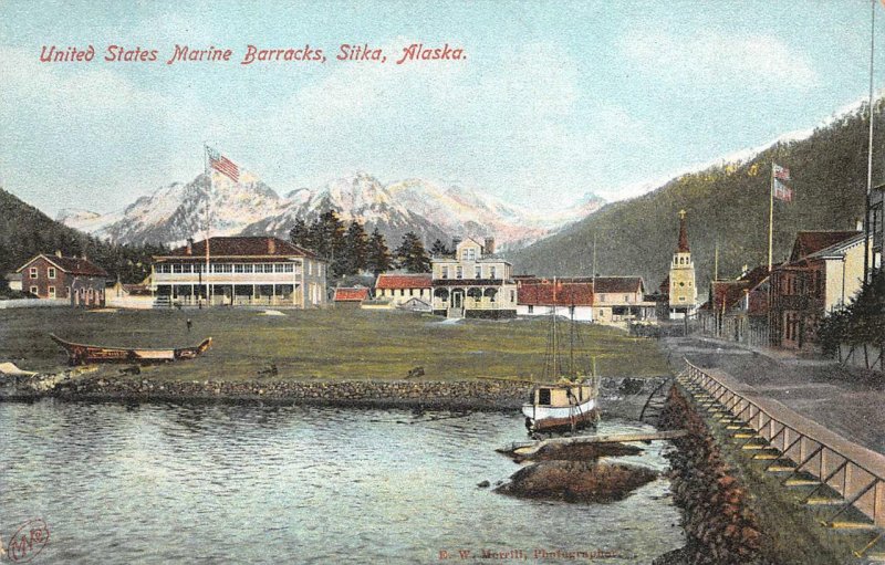 UNITED STATES MARINE BARRACKS SITKA ALASKA MILITARY POSTCARD (c. 1910)