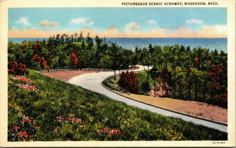 Vtg 1930s Picturesque Scenic Highway Muskegon Michigan MI Linen Postcard