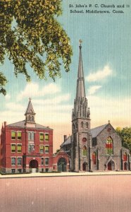 Vintage Postcard 1930s St. John's R.C. Church & 11 School Middletown Connecticut