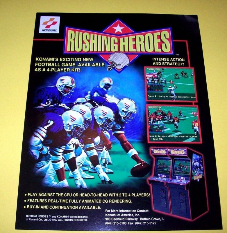 RUSHING HEROES Original NOS Video Arcade Game Flyer Football Vintage Retro Art 