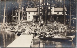 Muskoka Lakes Ontario Boys Camp Boy Scouts ? Dock Canoes Boats RPPC Postcard E87