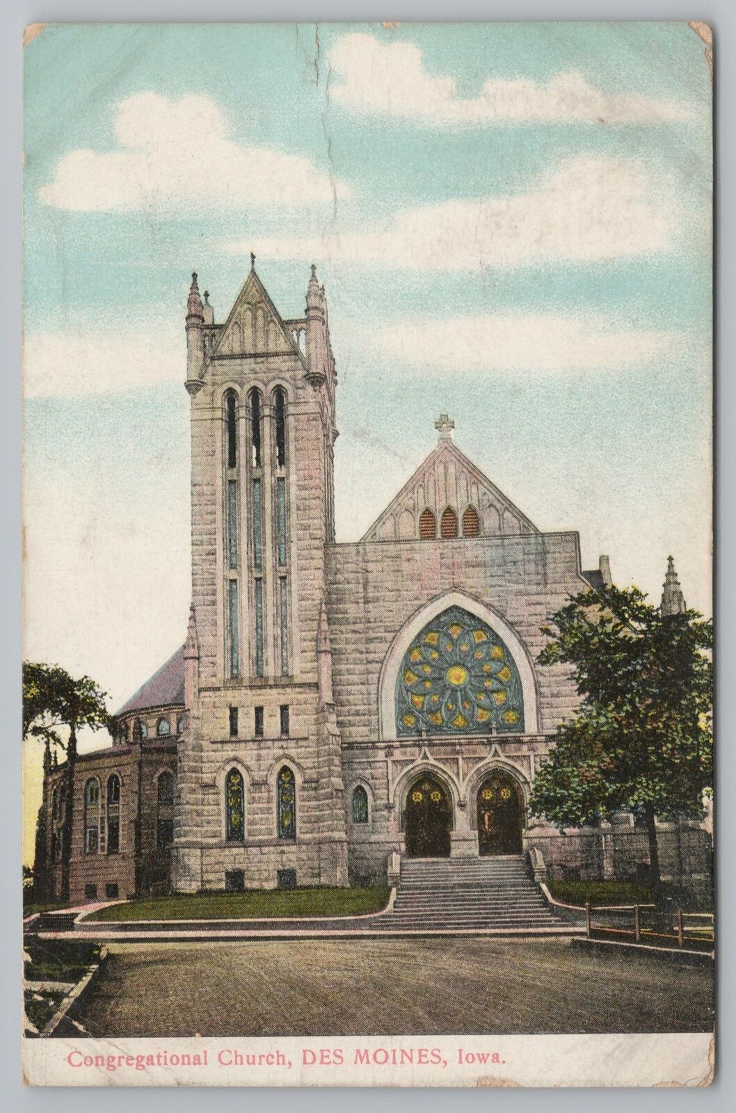 Des Moines IACongregational Church Front ViewStained Glass WindowsVintage PC United States