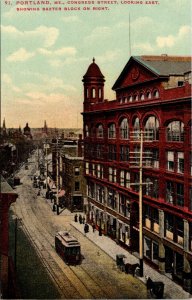Postcard Maine Portland Congress Street View Baxter Block Streetcars 1910s V181