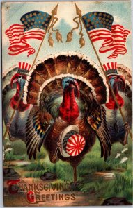 Postcard Patriotic Thanksgiving - Turkey holding American Flags and hat embossed