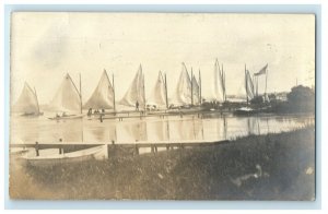 1907 Queque LI, Start From Kimball Dock Sailboats  RPPC Photo Antique Postcard