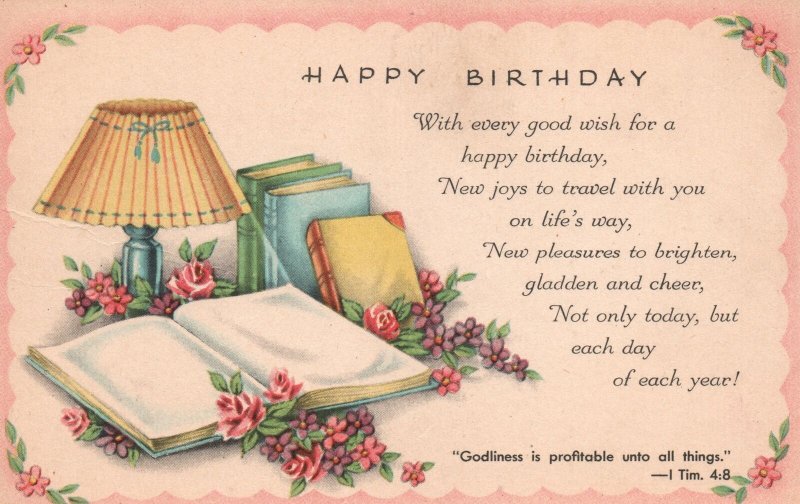 Vintage Postcard Happy Birthday Message Wishes Greetings Lampshade Books Flowers