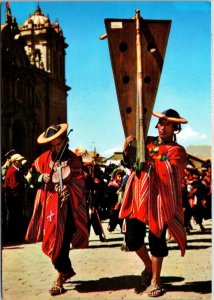 VINTAGE CONTINENTAL SIZE POSTCARD NATIVE MUSICIANS AT CUZCO PERU 12,079ft ALT