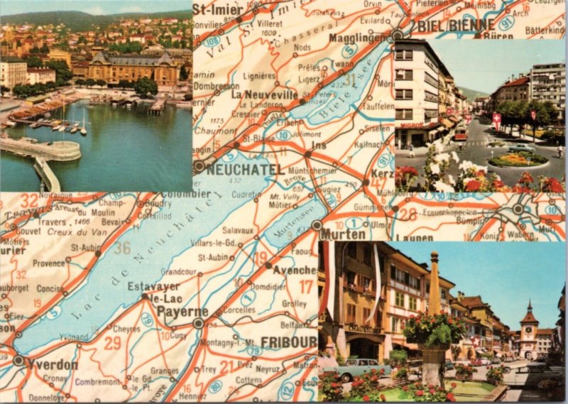 Postcard Map Switzerland The Three Lakes - Bienne Neuchatel Morat