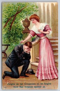 The Lord's Prayer~Forgive Us Our Trespasses~Man Weeps~c1910 Vintage Postcard