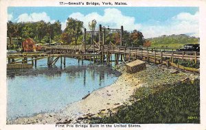 Sewall's Bridge First Pile Bridge in US York Maine 1920s postcard