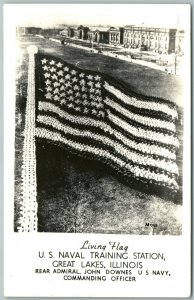 GREAT LAKES IL US NAVAL STATION LIVING US FLAG VINTAGE REAL PHOTO POSTCARD RPPC