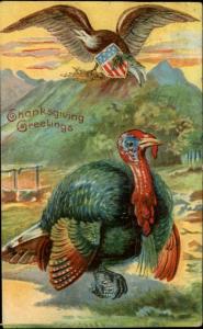 Thanksgiving Eagle w Shield Turkey Embossed c1910 Postcard