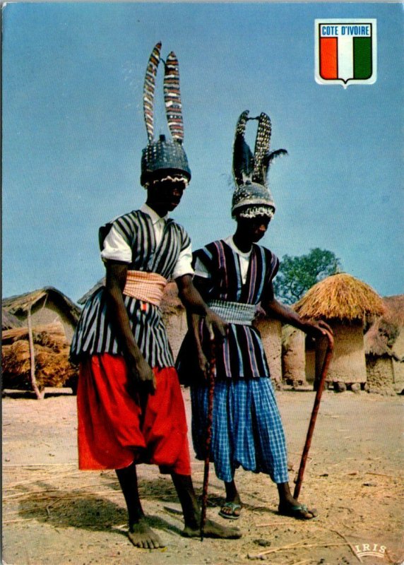 VINTAGE CONTINENTAL SIZE POSTCARD NAYOUGUIS SENOUFOS DANCERS IVORY COAST 1979