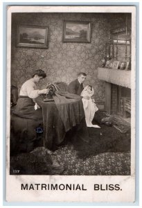 1907 Woman Sewing Machine Matrimonial Bliss Springfield MA RPPC Photo Postcard