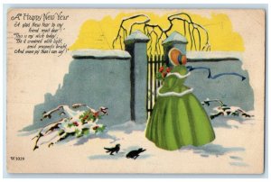 1930 Happy New Year Woman With Flowers Berries Birds In Winter Antique Postcard