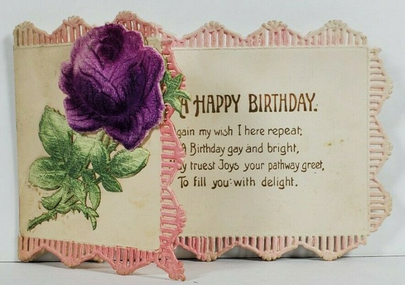 Birthday Die-cut Apllied Felt Flowers Fold Out Pigeon Michigan Postcard O8