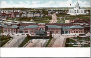 Postcard Train Station RI  NYNH & H Station and Capitol, Providence