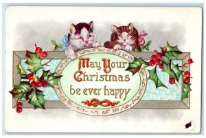 c1910's Christmas Cute Kittens Cat Holly Berries Embossed Antique Postcard
