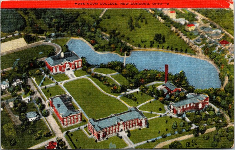 Vtg 1950s Muskingum College Aerial View New Concord Ohio OH Linen Postcard