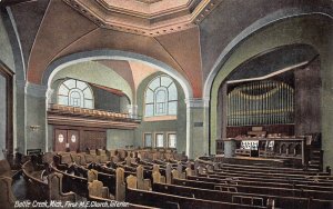 BATTLE CREEK MI~FIRST METHODIST EPISCOPAL CHURCH INITERIOR-ORGAN~1910s POSTCARD