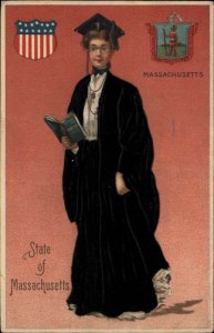 State Women Ladies Massachusetts College Grad BLACK SILK c1910 Postcard