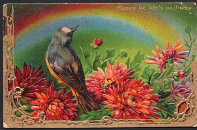 Happy be life's pathway with Dahlias and Robin - Embossed - pm1911 - DB