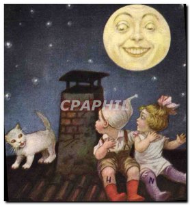 Old Postcard Fancy Cat Moon Children