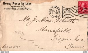 US Cover 2c 1896 Boston Hotel Ponce de Leon Roanoke  for Mansfield Tioga Penn