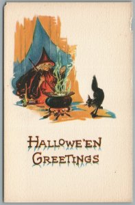 HALLOWEEN GREETINGS ANTIQUE POSTCARD w/ WITCH & BLACK CAT