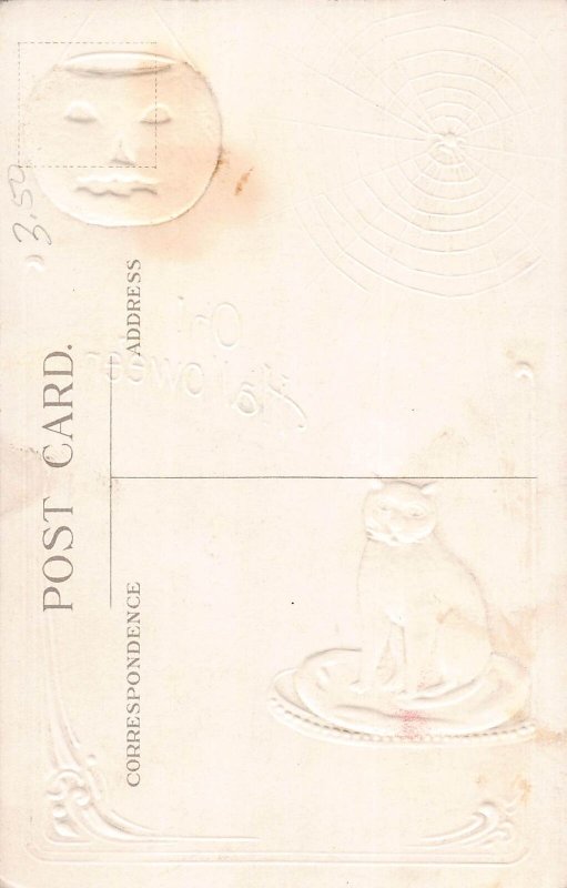 J87/ Halloween Postcard c1910 H18 Jack-O-Lantern Cat Spider Web 81
