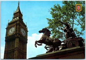 Postcard - Big Ben and Boadicea Statue - London, England