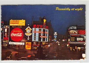 Night Scene PICCADILLY CIRCUS London Coca-Cola Neon Signs 1950s Vintage Postcard