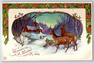 1912 Christmas Deer Holly Berries Winter Scene Embossed Long Branch NJ Postcard