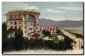 Old Postcard Saint Jean de Luz Hotel Eskualduna and Beach In Spain background