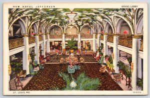 New Hotel Jefferson Grand Lobby St. Louis Missouri Interior Palm Trees Postcard